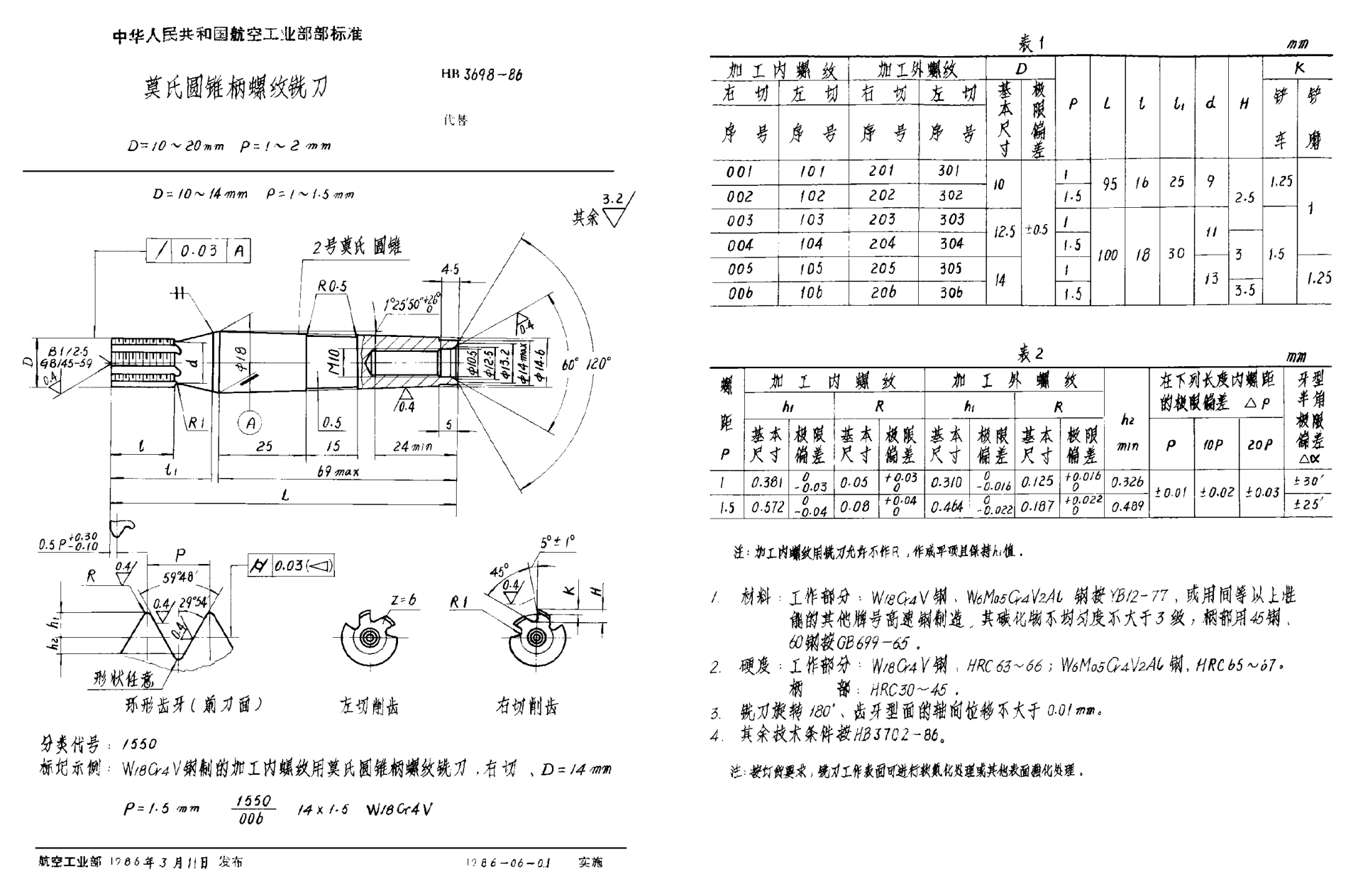 HB 3698-1986莫氏圓錐柄螺紋銑刀 D＝10~20mm P＝1~2mm