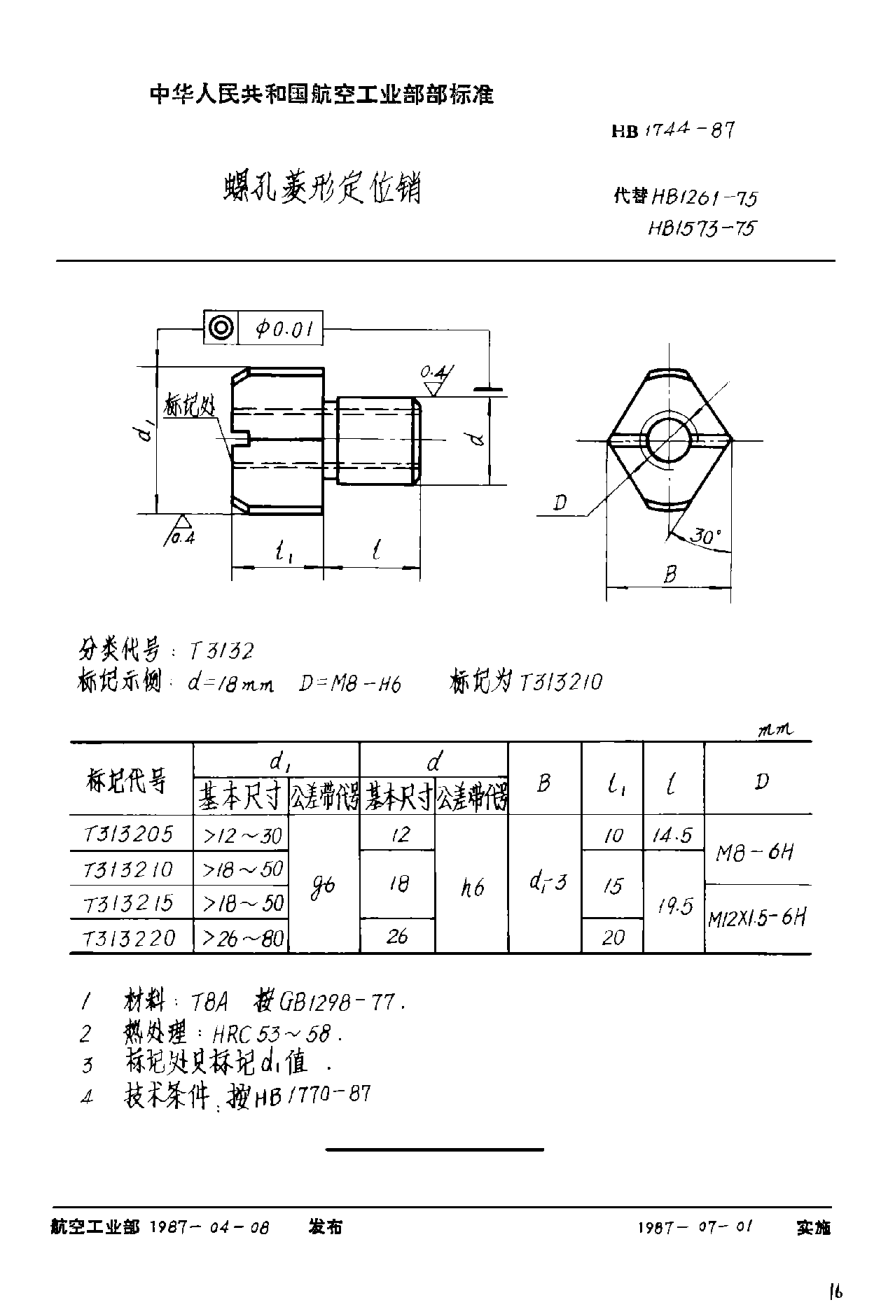 HB 1744-1987螺孔菱形定位銷
