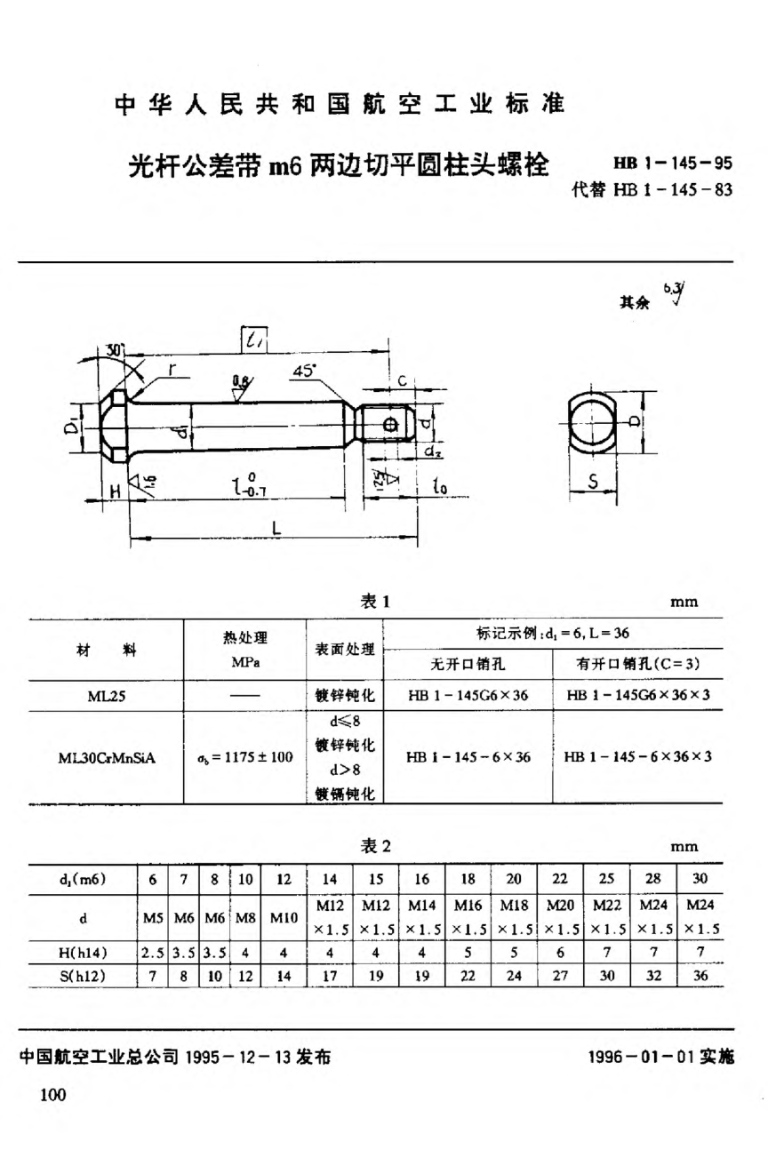 HB 1-145-1995光桿公差帶m6兩邊切平圓柱頭螺栓