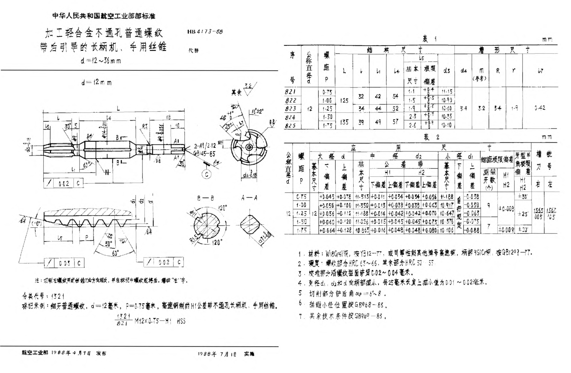 HB 4173-1988加工輕合金不通孔普通螺紋帶后引導(dǎo)的長柄機(jī)、手用絲錐 ｄ＝１２~３６ｍｍ