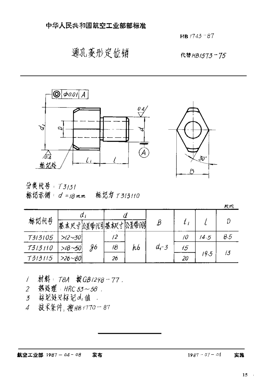 HB 1743-1987通孔菱形定位銷