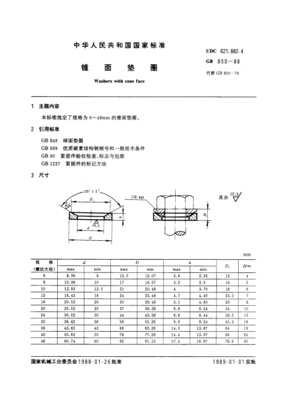 GB/T 850-1988錐面墊圈Washers with cone face