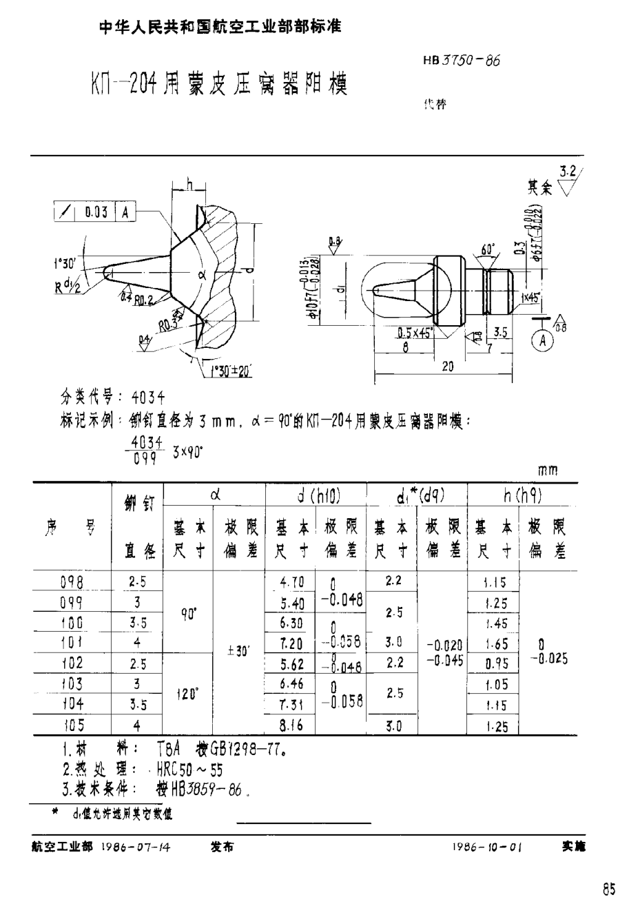 HB 3750-1986ＫΠ－２０４用蒙皮壓窩器陽模