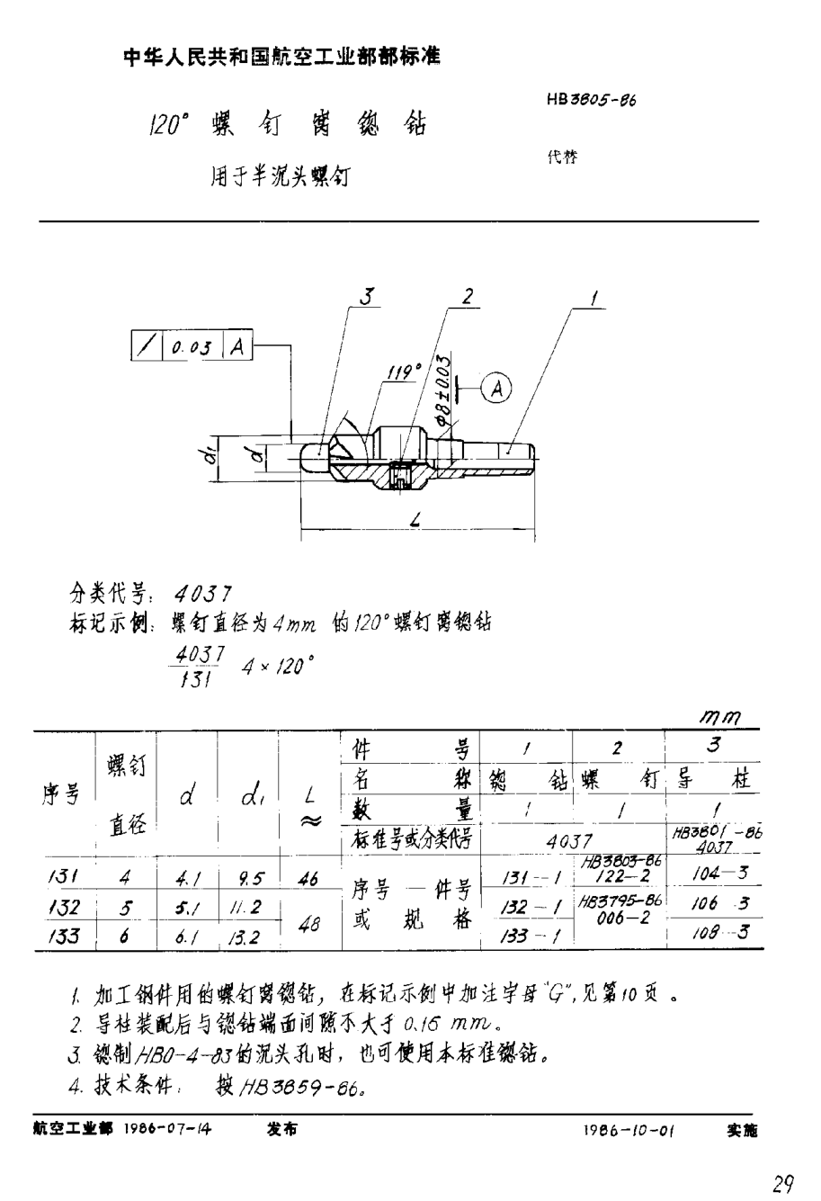 HB 3805-1986１２０°螺釘窩锪鉆 用于半沉頭螺釘