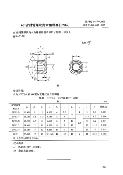 JB/ZQ 4447-200660°密封管螺紋內(nèi)六角螺塞(PN16)