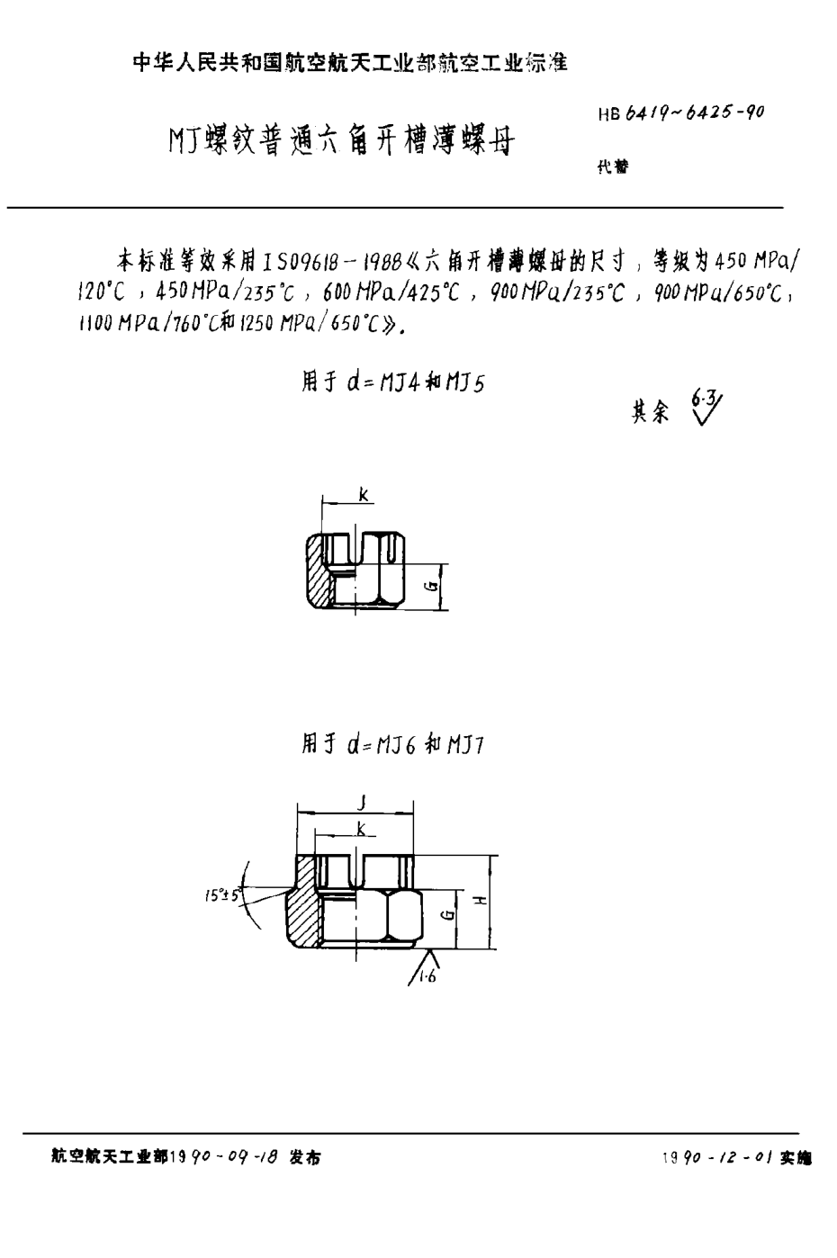 HB 6419-1990ＭＪ螺紋普通六角開槽薄螺母
