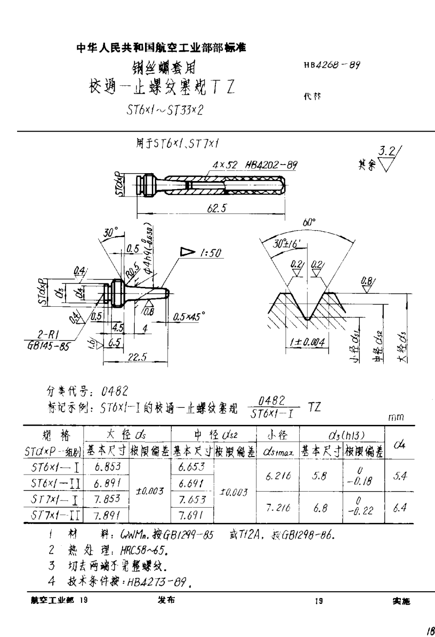 HB 4268-1989鋼絲螺套用校通－止通螺紋塞規(guī)ＴＺ ＳＴ６×１~ＳＴ３３×２