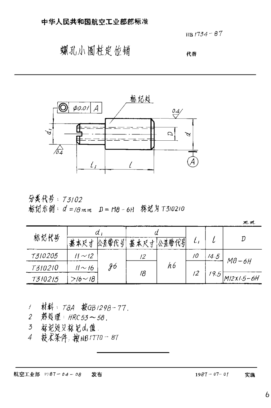 HB 1734-1987螺孔小圓柱定位銷(xiāo)