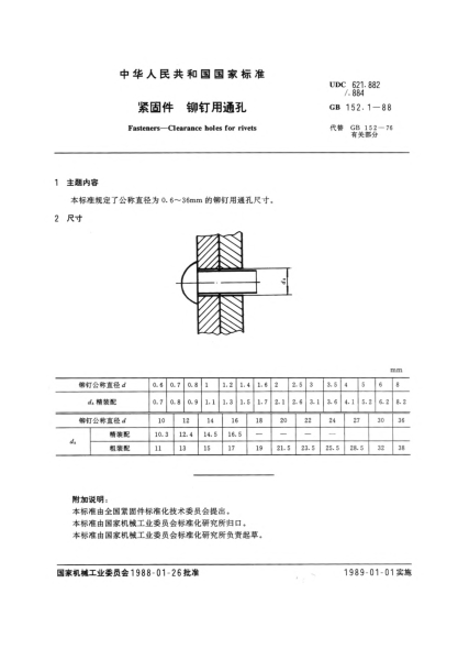 GB/T 152.1-1988緊固件  鉚釘用通孔