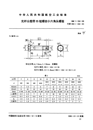 HB 1-104-1995光桿公差帶f9短螺紋小六角頭螺栓