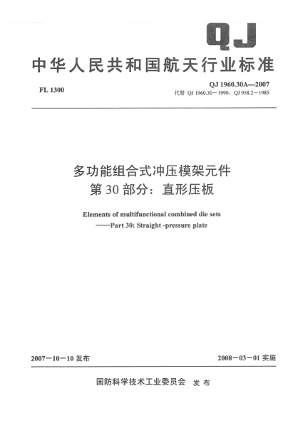 QJ 1960.30A-2007多功能組合式?jīng)_壓模架元件 第30部分：直形壓板