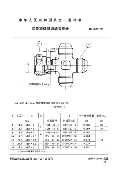 HB 7529-1997帶旋轉(zhuǎn)螺母四通管接頭