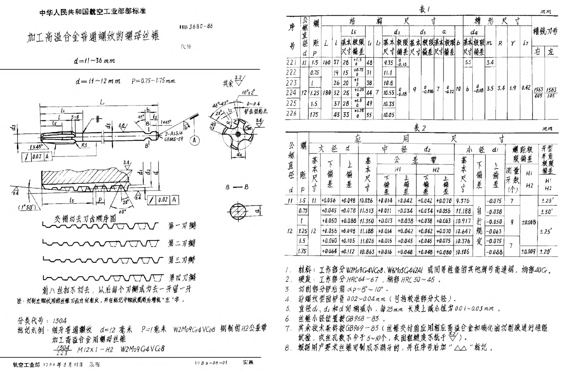 HB 3680-1986加工高溫合金普通螺紋的螺母絲錐 d＝11~36mm