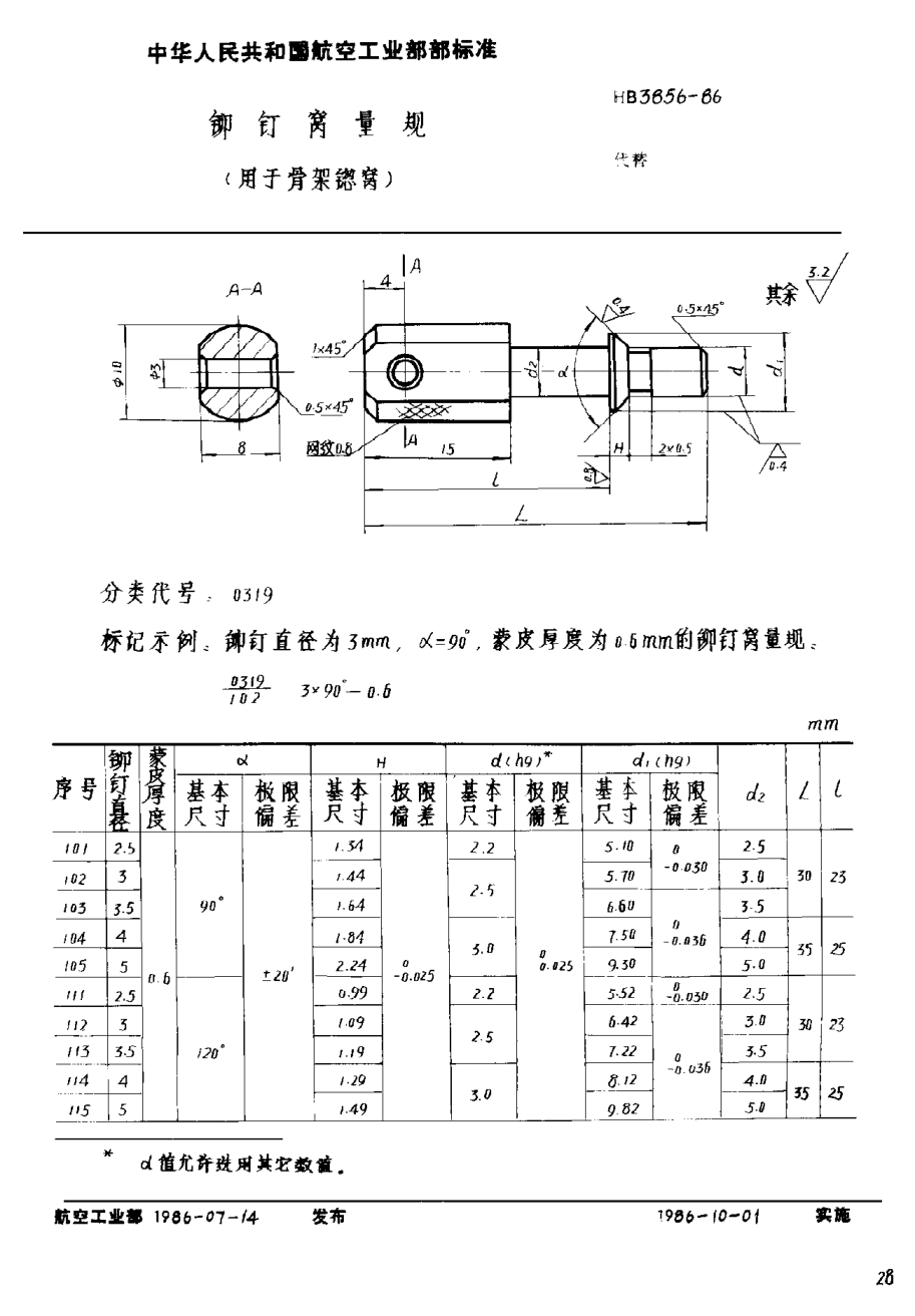 HB 3856-1986鉚釘窩量規(guī) （用于骨架锪窩）