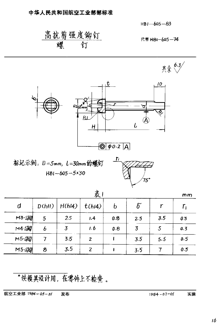HB 1-605-1983高抗剪強(qiáng)度鉚釘／螺釘