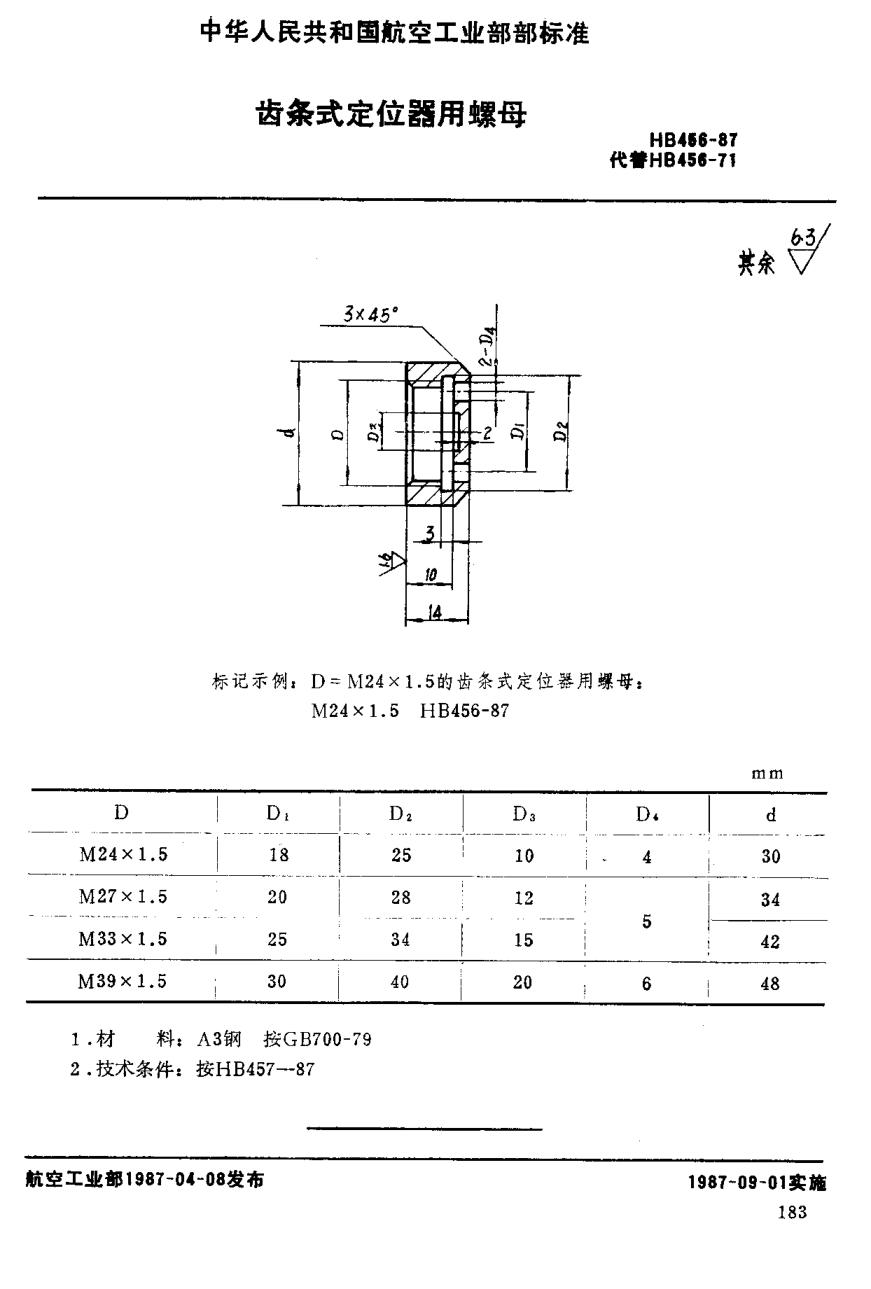 HB 456-1987齒條式定位器用螺母