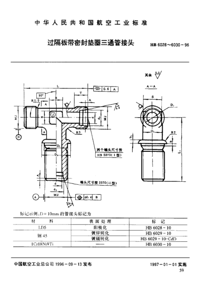 HB 6030-1996過隔板帶密封墊圈三通管接頭