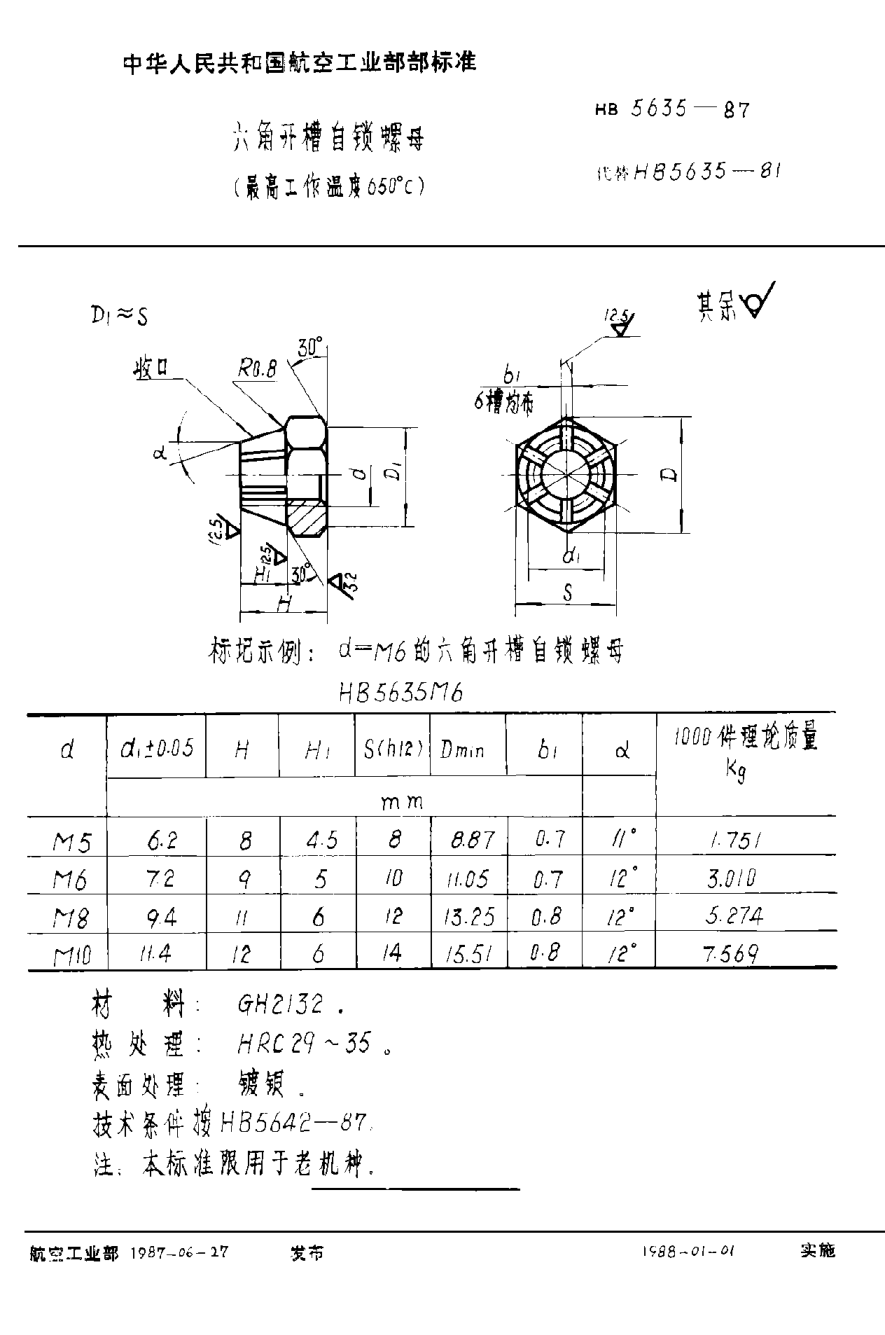 HB 5635-1987六角開(kāi)槽自鎖螺母（最高工作溫度６５０°Ｃ）