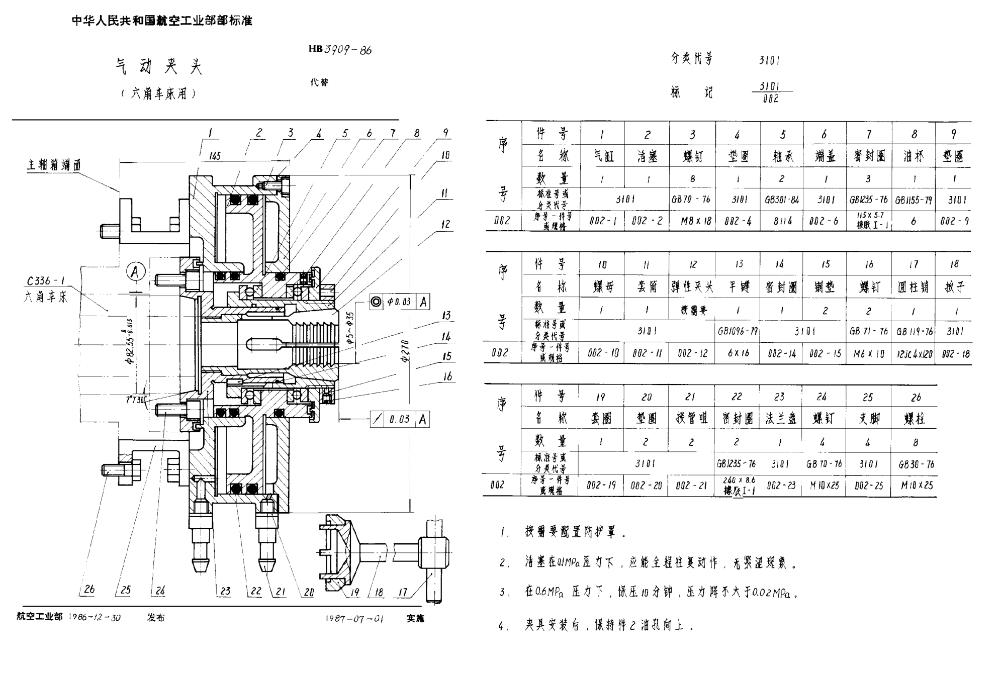 HB 3909-1986氣動夾頭 （六角車床用）