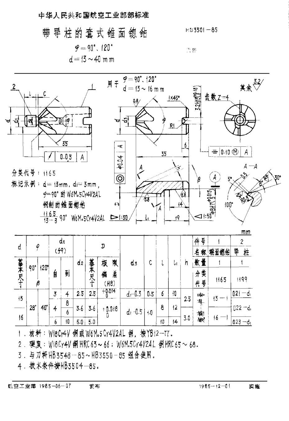 HB 3501-1985帶導柱的套式錐面锪鉆 Φ＝９０°、１２０°