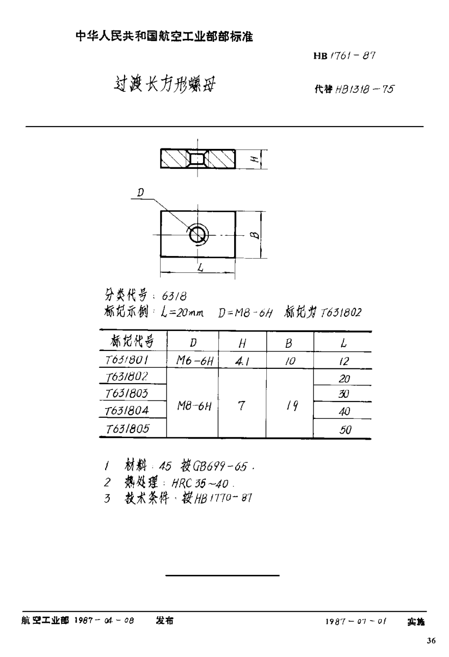 HB 1761-1987過渡長方形螺母