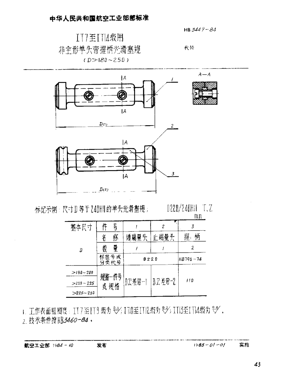 HB 3449-1984IT7至IT14級用非全形單頭帶握柄光滑塞規(guī)（D>180~250）