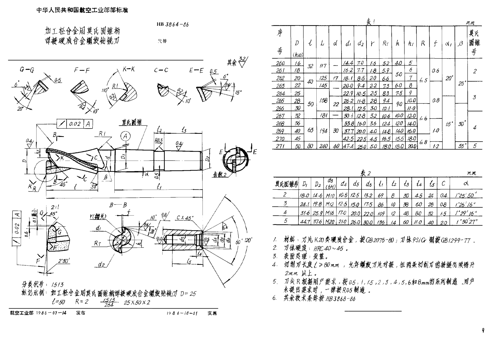 HB 3864-1986加工輕合金用莫氏圓錐柄焊接硬質合金螺旋鉆銑刀
