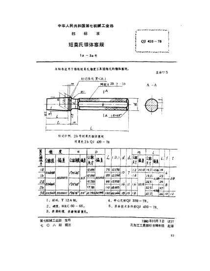 QJ 420-1978短莫氏錐體塞規(guī)(1a～3a號)