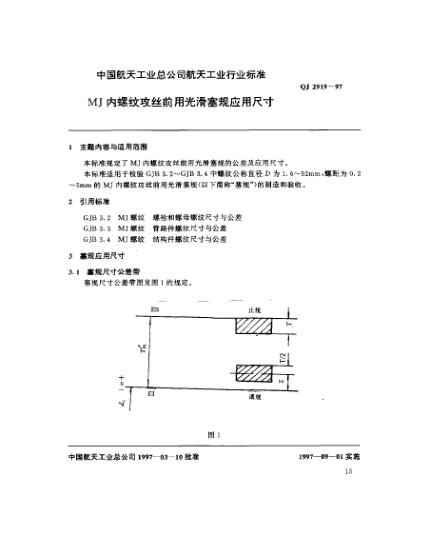 QJ 2919-1997MJ內(nèi)螺紋攻絲前用光滑塞規(guī)應(yīng)用尺寸