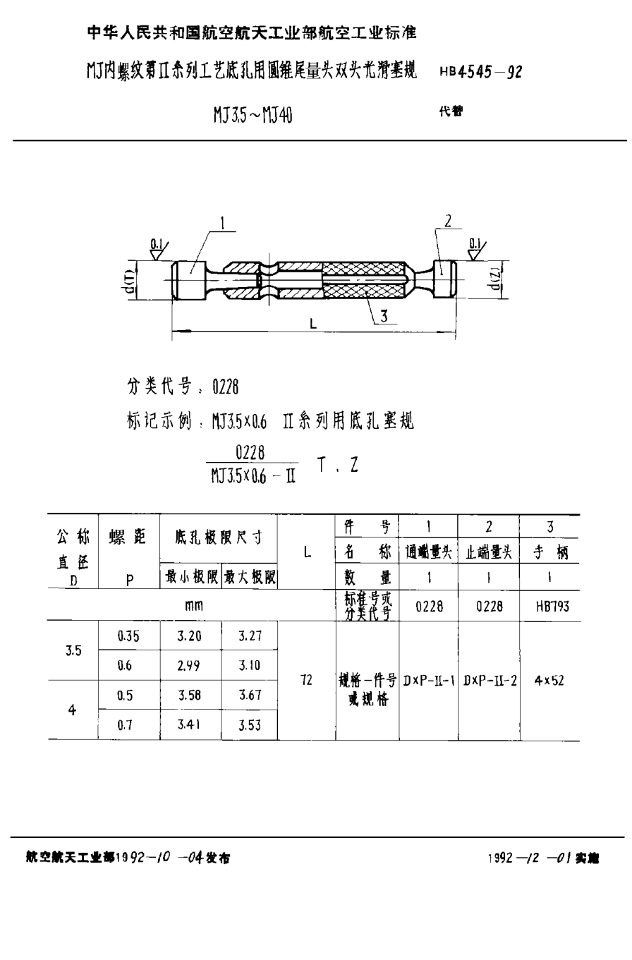 HB 4545-1992ＭＪ內(nèi)螺紋第Ⅱ系列工藝底孔用圓錐尾量頭雙頭光滑塞規(guī) MJ3.5~MJ40