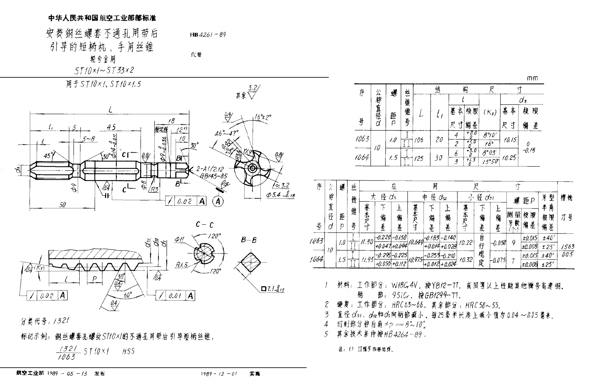 HB 4261-1989安裝鋼絲螺套不通孔用帶后引導(dǎo)的短柄機(jī)、手用絲錐 輕合金用 ＳＴ１０×１~ＳＴ３３×２