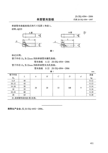 JB/ZQ 4504-2006單面管夾墊板