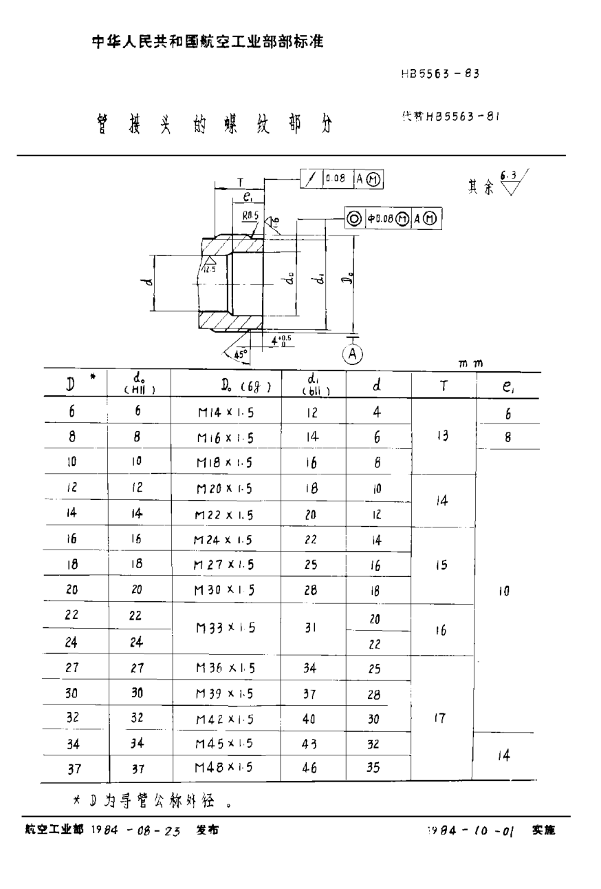 HB 5563-1983管接頭的螺紋部分