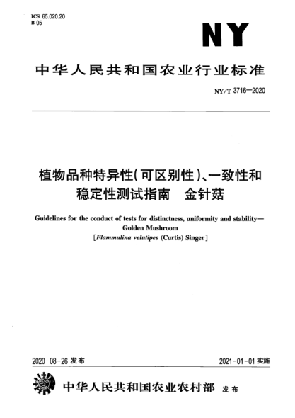 NY/T 3716-2020植物品種特異性（可區(qū)別性）、一致性和穩(wěn)定性測試指南 金針菇