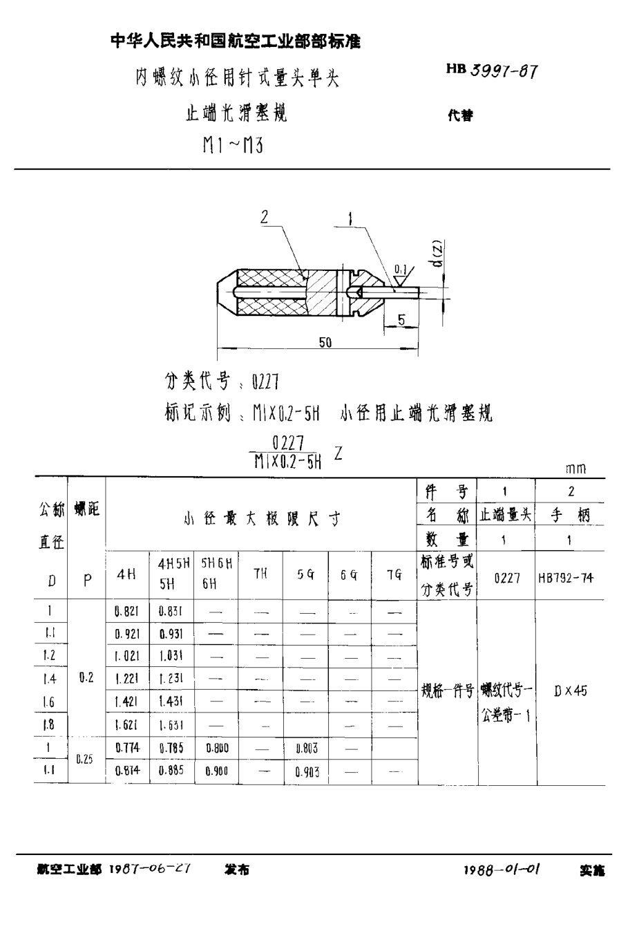 HB 3997-1987內(nèi)螺紋小徑用針式量頭單頭止端光滑塞規(guī) M1？M3