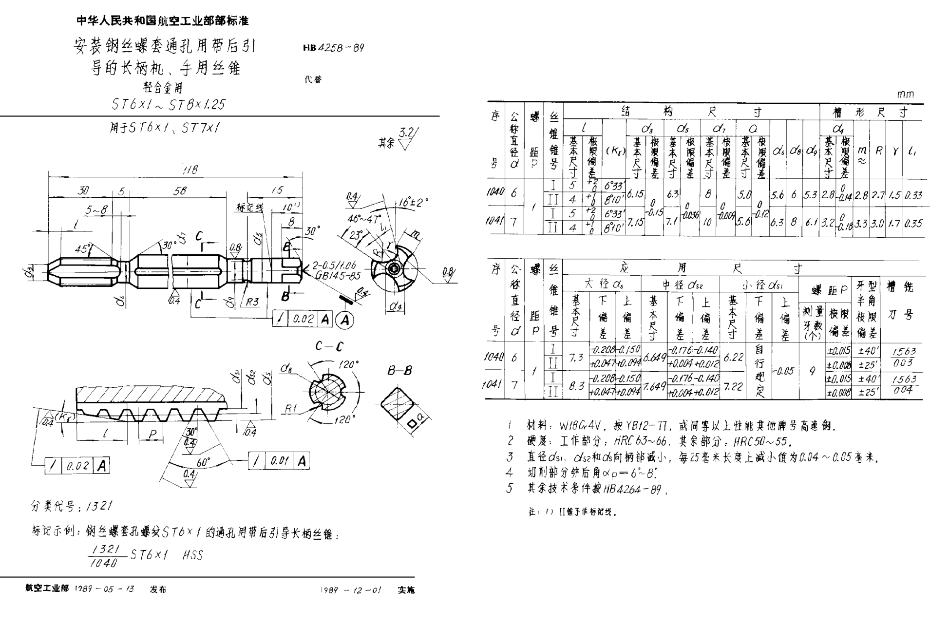 HB 4258-1989安裝鋼絲螺套通孔用帶后引導(dǎo)的長(zhǎng)柄機(jī)、手用絲錐 輕合金用 ＳＴ６×１~ＳＴ８×1.25