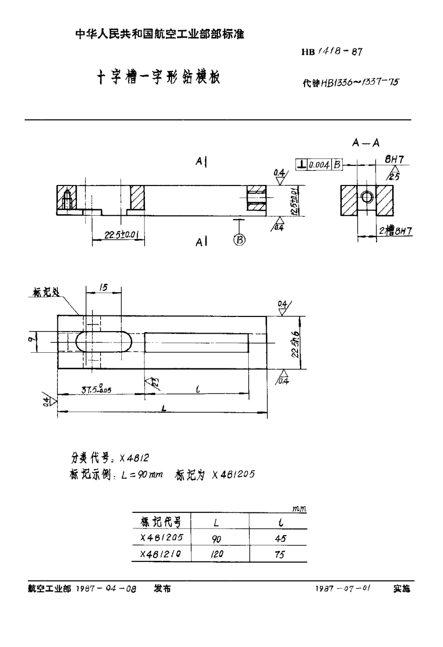 HB 1418-1987十字槽一字形鉆模板