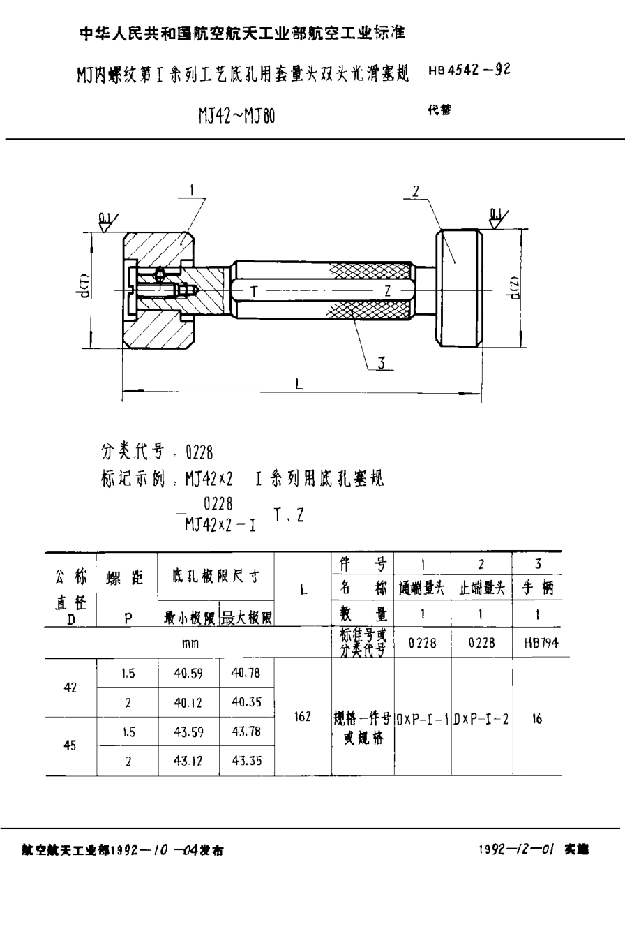 HB 4542-1992ＭＪ內(nèi)螺紋第Ⅰ系列工藝底孔用套量頭雙頭光滑塞規(guī) ＭＪ４２~ＭＪ８０
