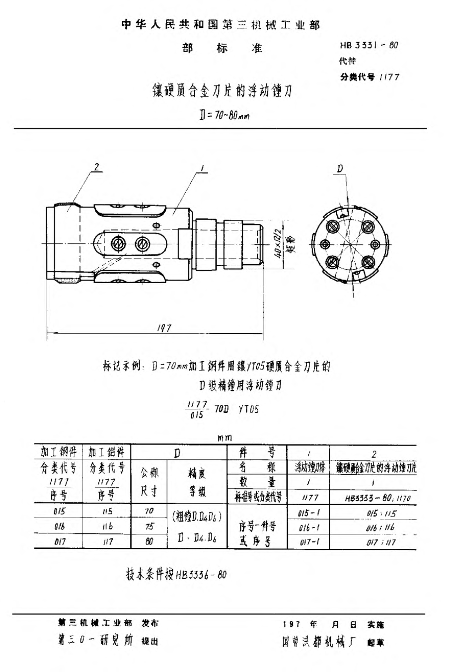 HB 3331-1980鑲硬質(zhì)合金刀片的浮動鏜刀 D＝70~80mm