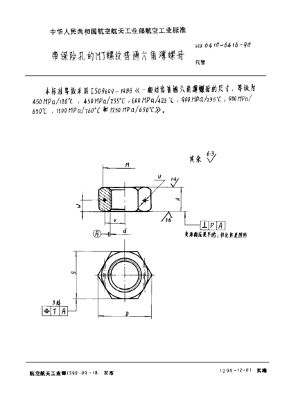 HB 6414-1990帶保險(xiǎn)孔的ＭＪ螺紋普通六角薄螺母
