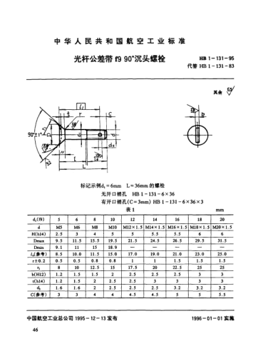 HB 1-131-1995光桿公差帶f9 90°沉頭螺栓