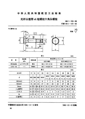 HB 1-153-1995光桿公差帶r6短螺紋六角頭螺栓