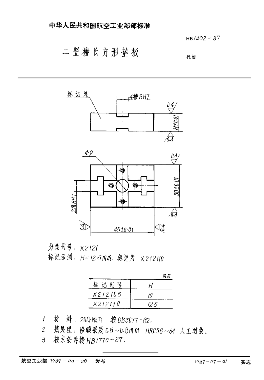HB 1402-1987二豎槽長(zhǎng)方形墊板