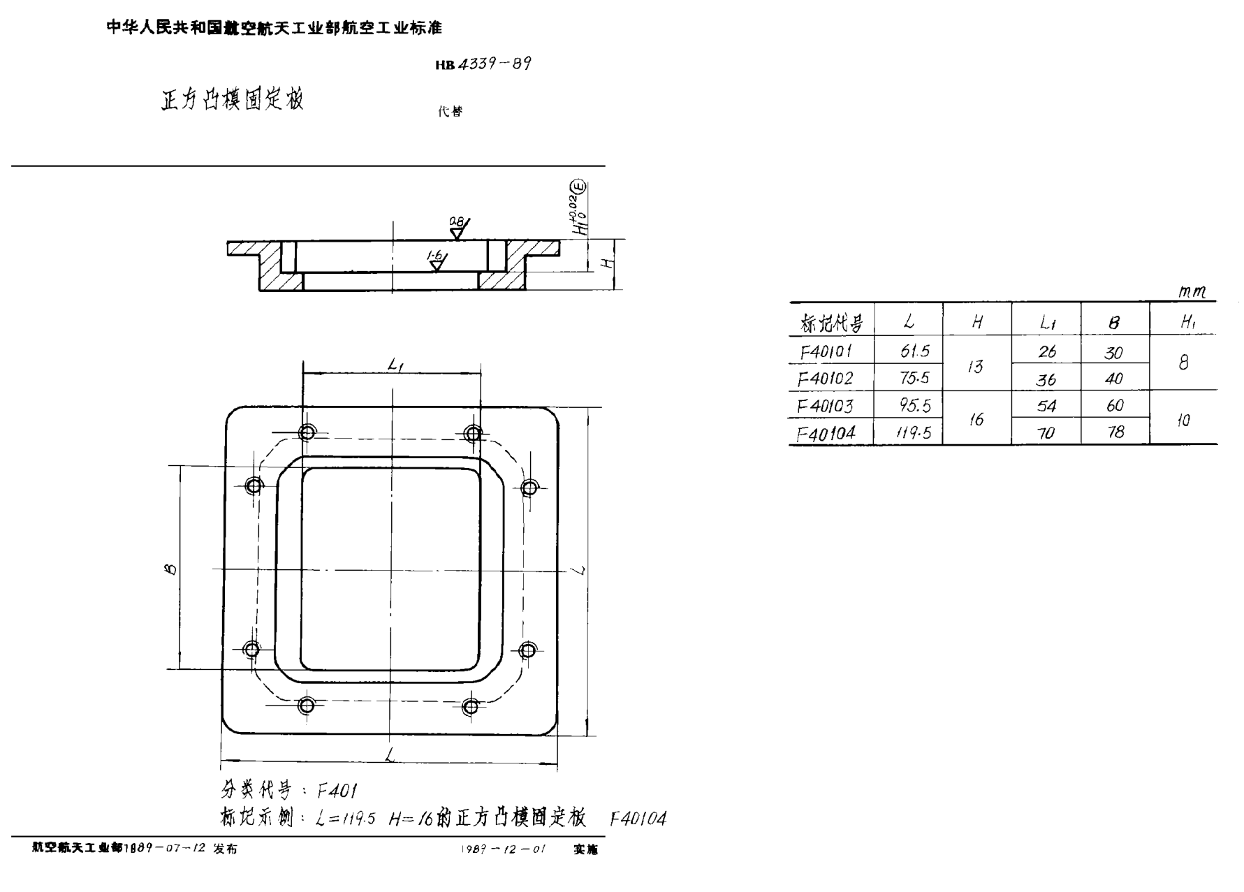 HB 4339-1989正方凸模固定板