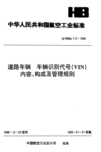 Q/HBm 113-1998道路車輛.車輛識(shí)別代號(VIN)內(nèi)容、構(gòu)成及管理規(guī)則