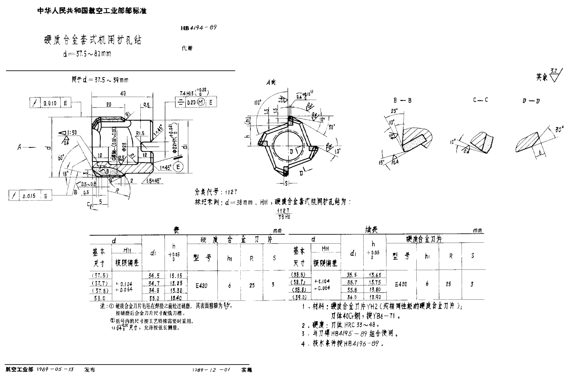 HB 4194-1989硬質(zhì)合金套式機(jī)用擴(kuò)孔鉆 ｄ＝３７．５~８０ｍｍ