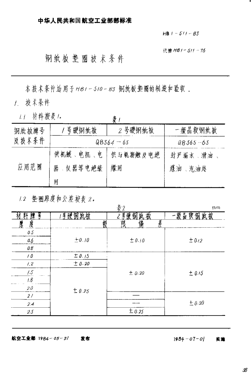 HB 1-511-1983鋼紙板墊圈技術(shù)條件