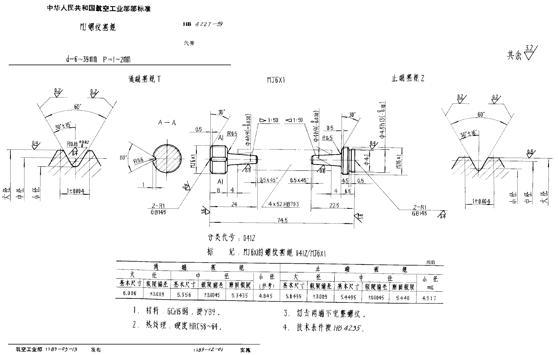 HB 4227-1989ＭＪ螺紋塞規(guī) ｄ＝６~３９ｍｍ Ｐ＝１~２ｍｍ