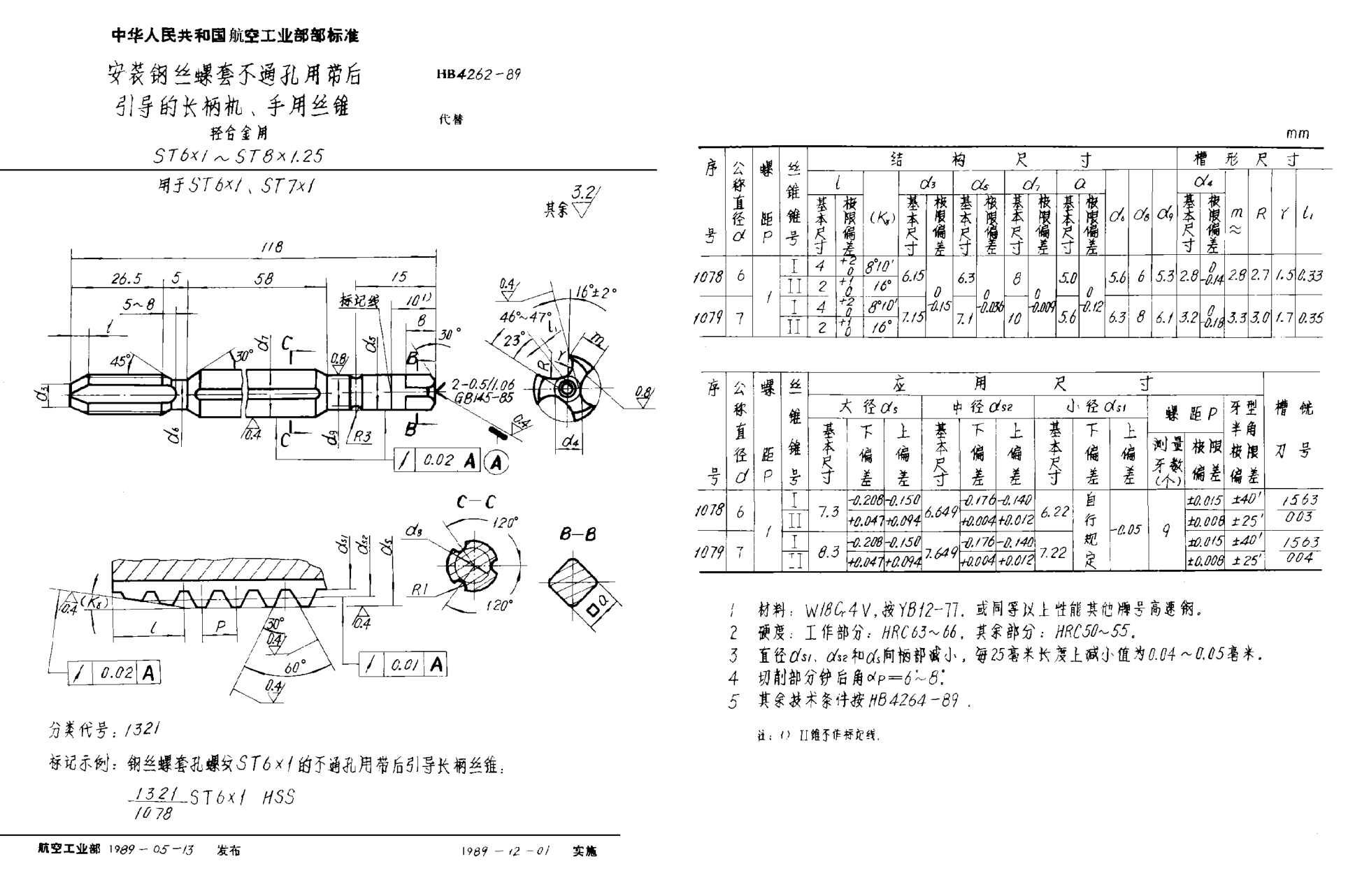 HB 4262-1989安裝鋼絲螺套不通孔用帶后引導的長柄機、手用絲錐u3000輕合金用u3000ＳＴ６×１~ＳＴ８×1.25