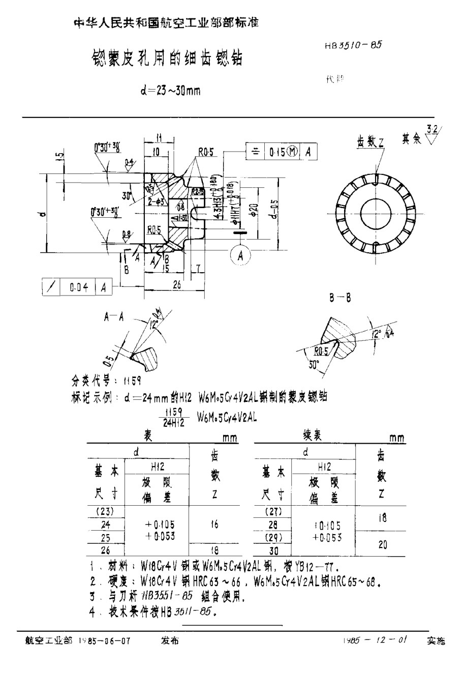 HB 3510-1985锪蒙皮孔用的細齒锪鉆 d＝23~30mm